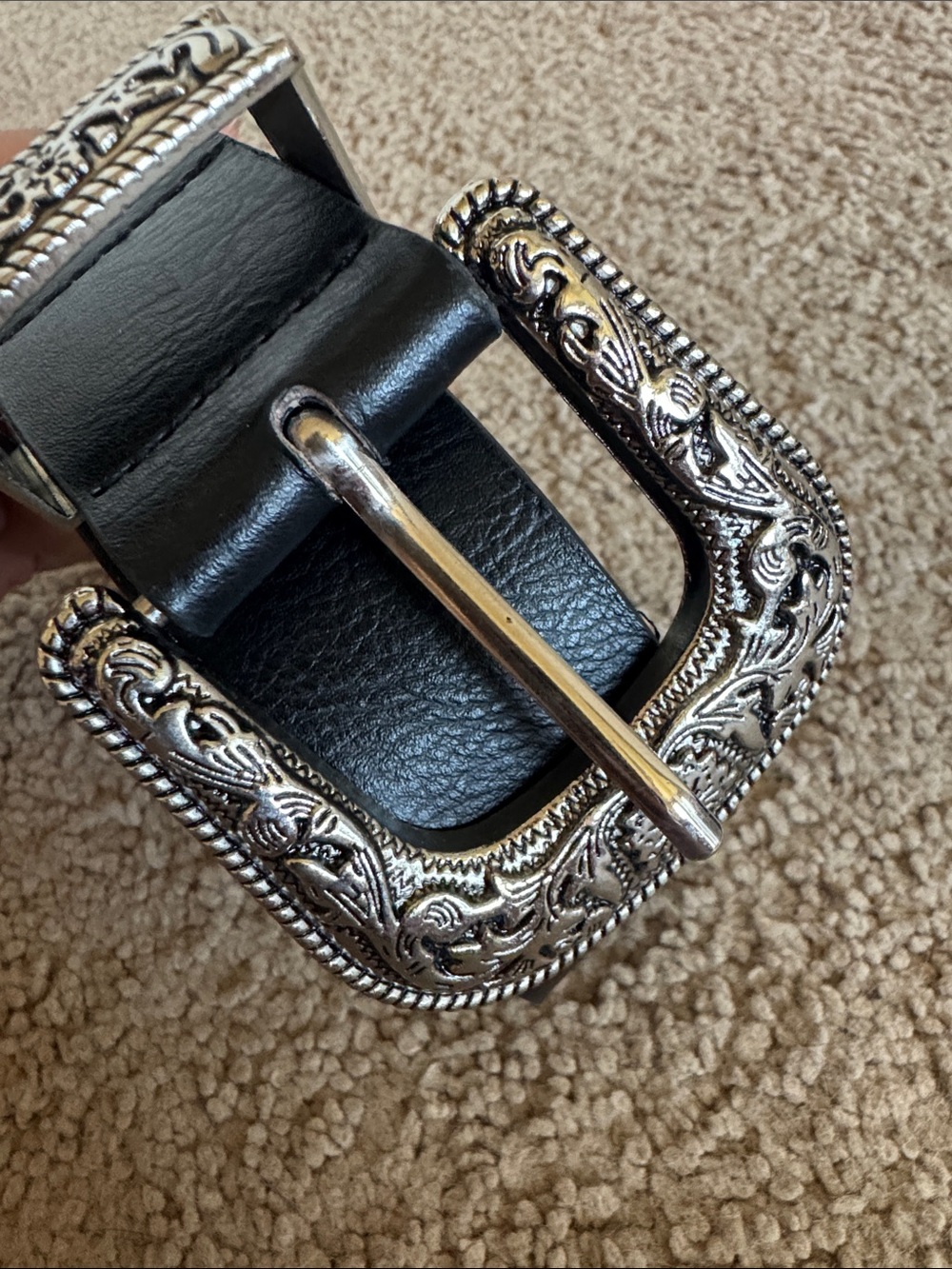 Black Leather Belt with Ornate Silver Buckle